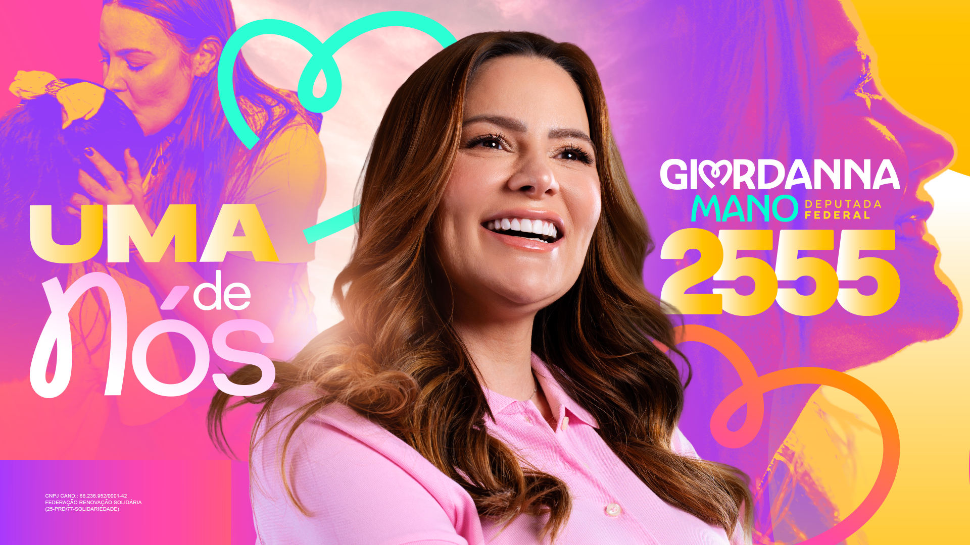 Giordanna Mano sorrindo com o slogan Uma de Nós e o número 2555